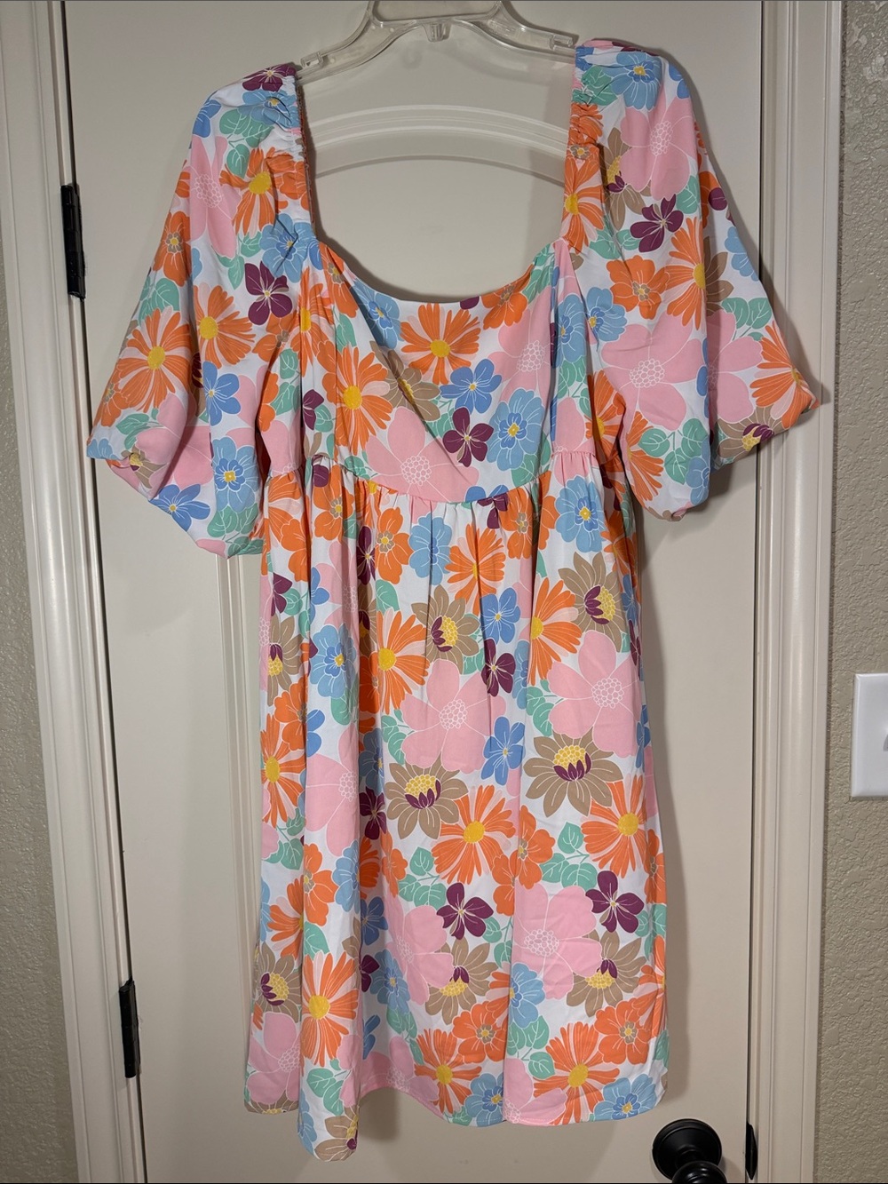 Floral Empire-Waist Midi Dress in Pink and Orange -Size XL